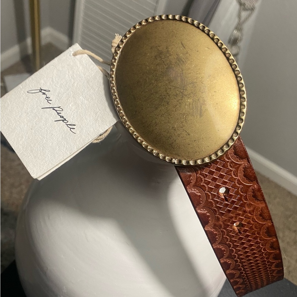 Free People Textured Brown Belt with Gold Oval Buckle